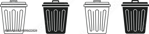 Vector set of black trash can and garbage bin icons. Waste basket and litter container symbols for disposal, delete, and recycle design on white background.