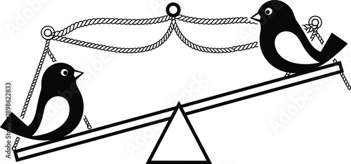Two birds balancing on seesaw with ropes black and white silhouette illustration concept of balance teamwork fairness minimal vector isolated background design art
