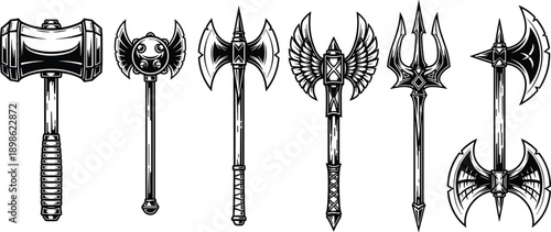 Black Silhouette Set of Medieval Fantasy Weapons, Battle Hammer, War Axe, Trident and Mace Icons, RPG Game Gear Vector Illustration, Combat