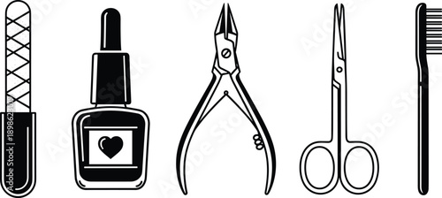 Black Silhouette Set of Manicure and Pedicure Tools, Nail File and Polish Bottle, Cuticle Nipper and Scissors, Beauty Salon Icons