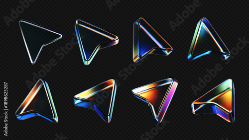 Set of holographic 3d cursor icons with iridescent metallic finish and chrome edges showing various rotation angles on dark transparent background