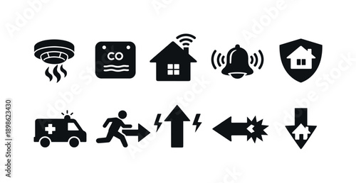 Home security solid icon set. Safety, alarm, emergency icons solid collection