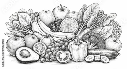 A diverse collection of fresh fruits and vegetables in a still life illustration.