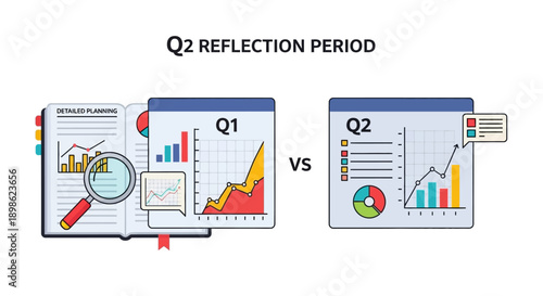 Q1 vs Q2 Quarterly Business Review (QBR) Vector: Performance Analysis, Reflection Period, Data Comparison, and Strategic Planning Report