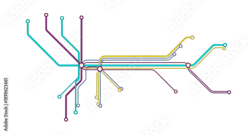 Abstract Metro Map Vector Illustration. Minimalist Public Transport Diagram Showing Interconnected Routes, Lines, and Network Connections on White Background.
