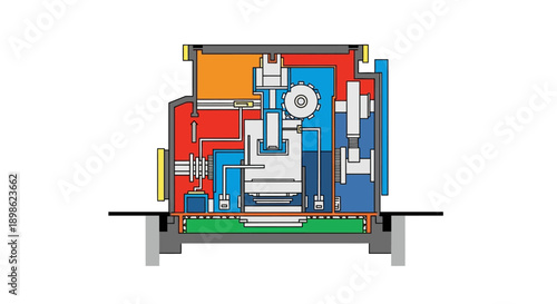 Technical Cross-Section Diagram of Complex Industrial Machinery Mechanism. Detailed Internal View of a CNC Machine or Hydraulic System Structure.
