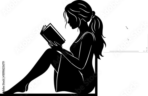 Elegant silhouette of a young woman sitting and reading a book, peaceful literary concept for education and relaxation