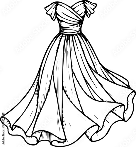 Detailed hand-drawn illustration of a flowing elegant evening gown, fashion design sketch for prom or wedding dress inspiration