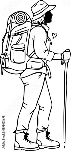 Line art illustration of a female hiker with a backpack and trekking poles, concept of adventure, travel, and outdoor exploration