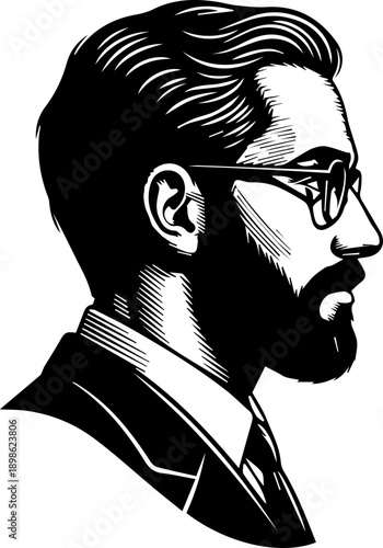 Professional bearded man in a suit wearing glasses profile, classic woodcut style business portrait illustration