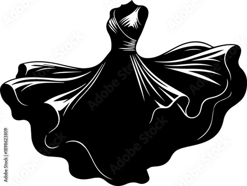 Elegant flowing black evening dress silhouette, fashion design and haute couture concept illustration