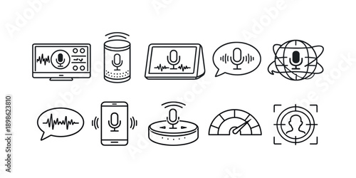 Voice assistant, smart home outline icon set. Technology, devices line icons collection