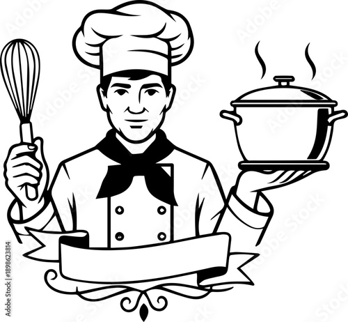 Friendly chef mascot holding a whisk and a steaming pot of food, culinary and restaurant logo vector illustration