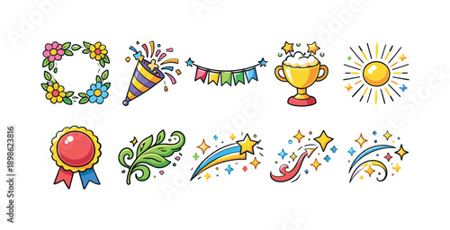 Celebration, party flat icon set. Awards, festive decorations, happiness icons collection.