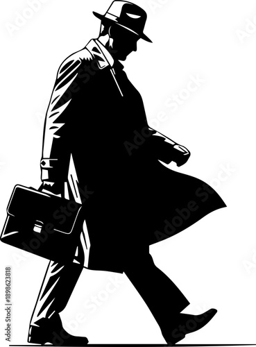 Silhouette of a mysterious man in a trench coat and fedora carrying a briefcase, classic film noir detective style illustration