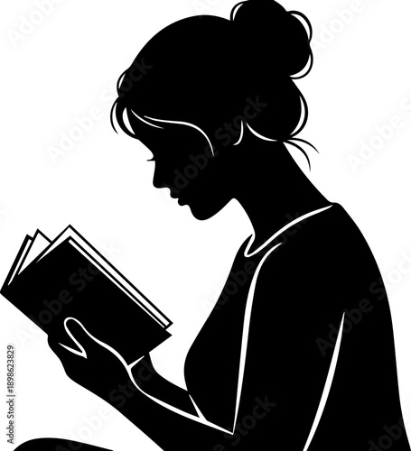 Silhouette of a young woman sitting and reading a book, peaceful educational and literary concept illustration