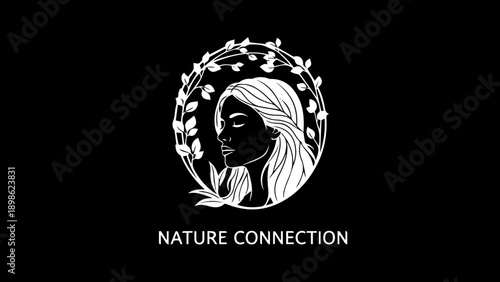 Nature Connection logo with white line art of a woman's face surrounded by a leafy wreath on a black background