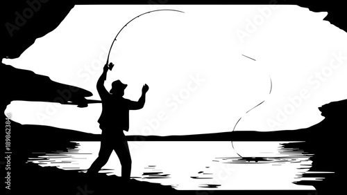Black and white silhouette of a man fly fishing on a calm lake at sunrise, peaceful outdoor leisure and sport photography
