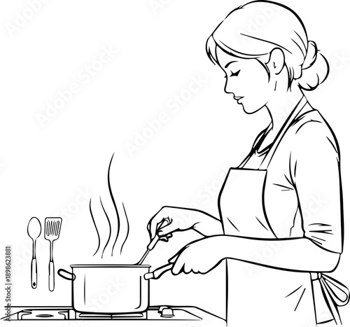 Line drawing of a woman in an apron cooking at a stove and stirring a steaming pot, domestic life and kitchen concept