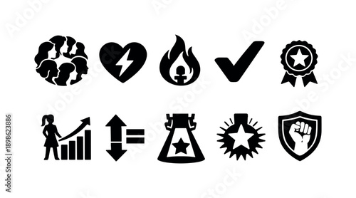Community empowerment silhouette icon set. Teamwork, success, equality icons collection.