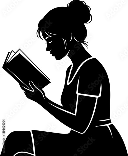 Artistic silhouette of a young woman sitting and reading a book, capturing a peaceful moment of solitude and intellectual growth with a bun hairstyle.