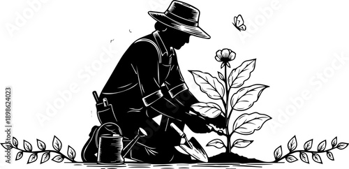 Vintage style black and white illustration of a female gardener kneeling and planting flowers, representing sustainability, organic farming, and nature care.