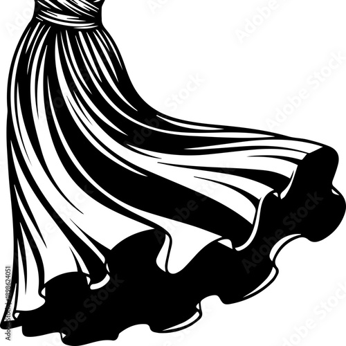 Detailed black and white vector illustration of a flowing skirt with ruffles, focusing on the movement and texture of elegant fabric and couture fashion.