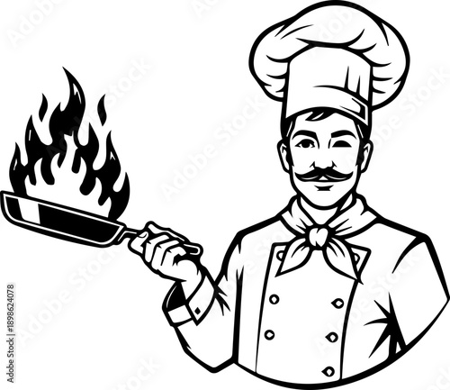 Gourmet chef mascot illustration holding a frying pan with fire flames, representing professional cooking skills, restaurant branding, and culinary arts.