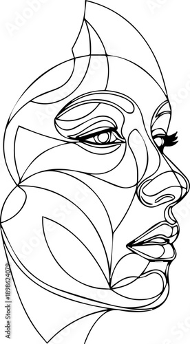 Abstract geometric line art portrait of a woman's face, blending cubist elements with modern design for artistic and psychological concepts.