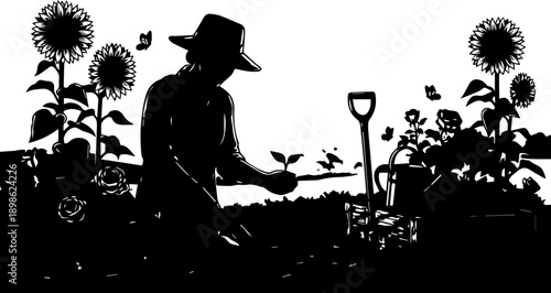 Detailed Illustration of a Female Gardener Planting Saplings in a Summer Garden with Sunflowers and Roses at Sunset