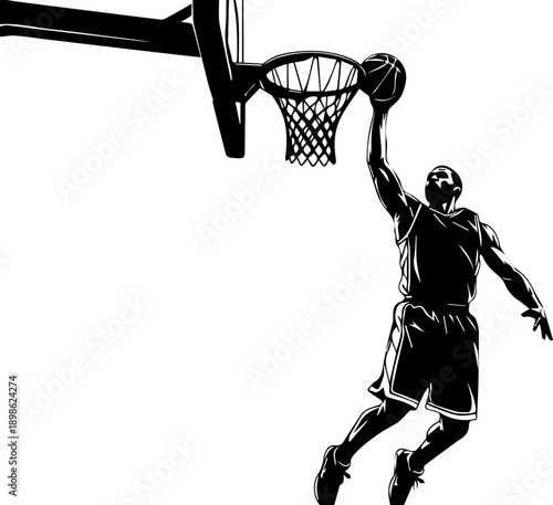 Dynamic Silhouette of a Professional Basketball Player Performing a Slam Dunk Against a White Background