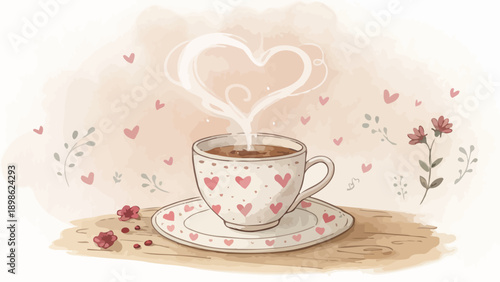 Cozy teacup with floating heart steam romantic ambiance love hearts floral background warm lighting affectionate atmosphere tea time