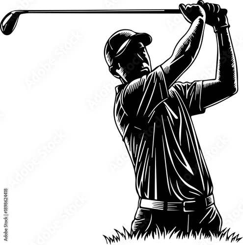 Retro style engraving of a male golfer finishing a powerful swing on the golf course