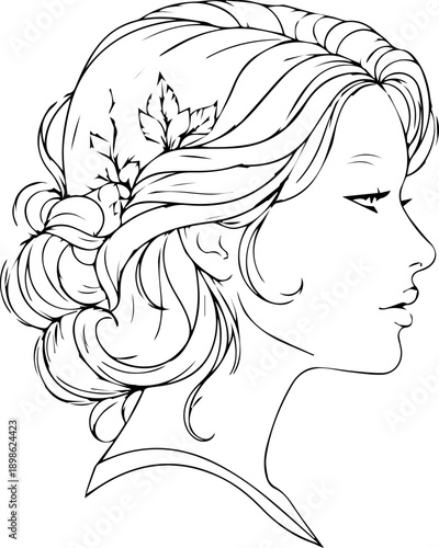 Elegant feminine line art drawing of a woman's profile with floral hair decoration