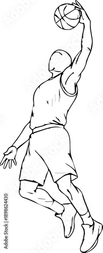 Dynamic line art illustration of a basketball player jumping for a powerful slam dunk