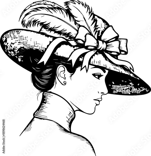 Vintage Victorian style illustration of a woman wearing an elegant hat with feathers