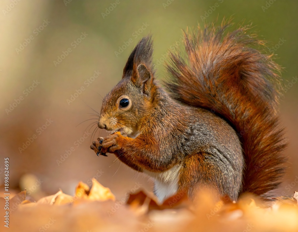 Fototapeta premium Close-up of a red squirrel eating a nut among autumn leaves