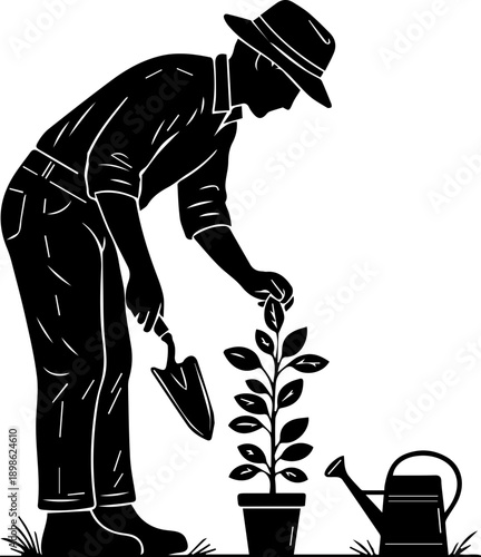Silhouette of a Gardener Planting a Sapling in a Flowerpot with a Watering Can