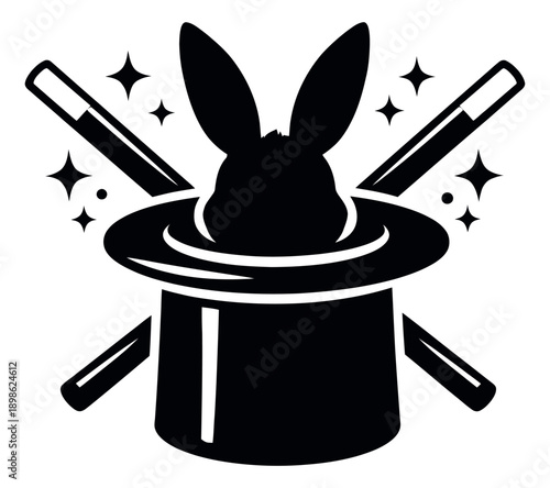 Silhouette illustration of a rabbit in a magic hat with wands depicting a magic trick for entertainment