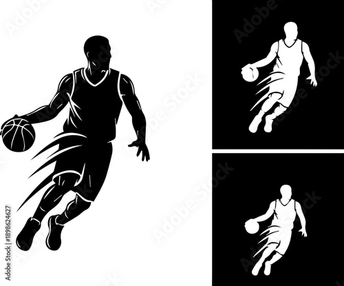 Dynamic Silhouette of a Basketball Player Dribbling with Speed and Motion Trails