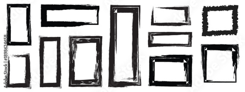 Set of rectangular grunge template backgrounds. Black square shapes with ripped jagged borders on white background. Vintage grunge boxes for collage, text, banner, sticker design. Straight line vector