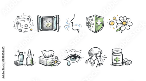 Allergy awareness, protection icon set. Flat style health and safety symbols