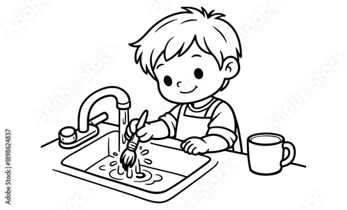 Cute cartoon boy cleaning paintbrush under running water in a sink