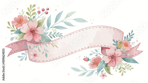 Pink ribbon banner with floral accents on white background for decoration and design