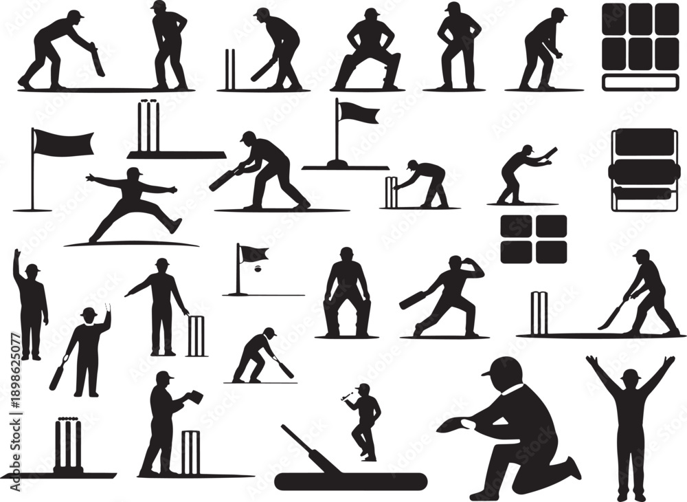 Fototapeta premium Cricket player silhouettes performing various actions like batting bowling fielding and wicket