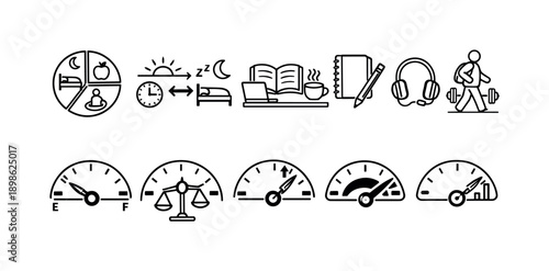Daily routine, activity line icon set. Productivity, wellness, lifestyle outline collection