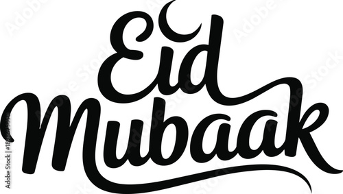 Eid Mubarak Calligraphy Title with Crescent Moon Isolated on White