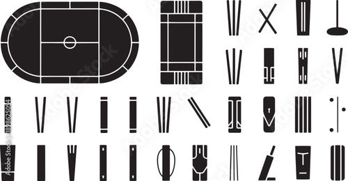 Cricket field diagrams and pitch components including stumps bails boundary and batting crease