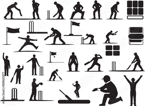 Cricket player silhouettes performing various actions like batting bowling fielding and wicket