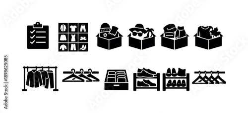 Wardrobe and clothing silhouette icon set. Fashion, clothes, organizing silhouette collection